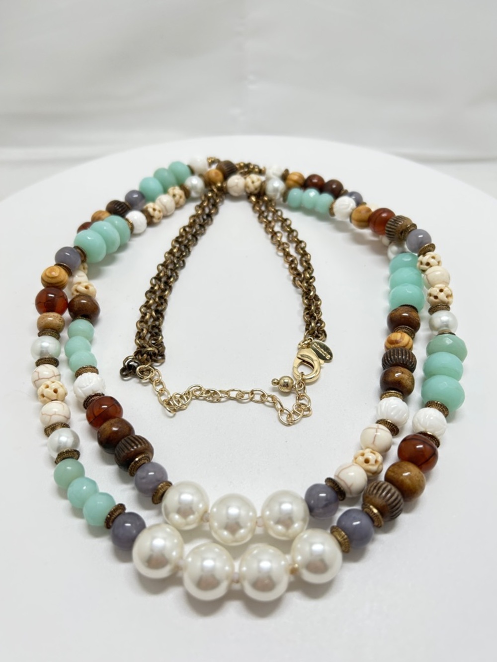 Chico’s Long Double Strand Pearl, Crystal, Stone Necklace, Tan, Blue, White